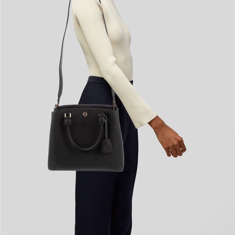 Tory Burch Robinson Medium Triple Compartment Black Leather Tote Bag - Picture 2 of 16